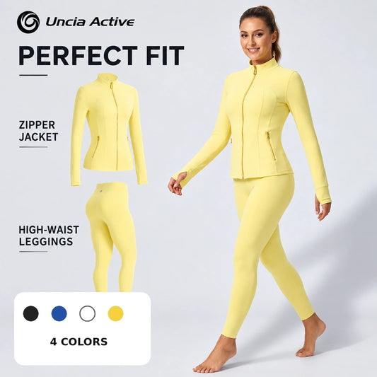 Sculpting Gold Zipper Jacket & High-Waist Yoga Leggings Set | Outfit set