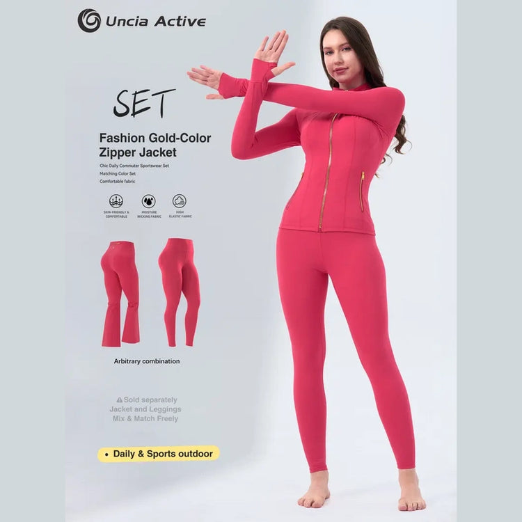 Sculpting Gold Zipper Jacket & High-Waist Yoga Leggings Set | Outfit set