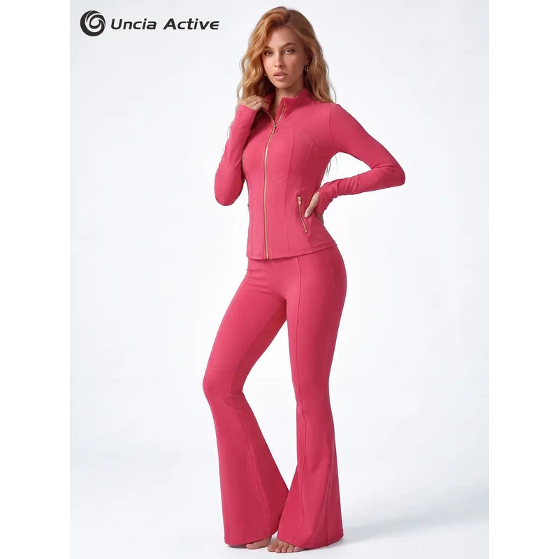 Sculpting Gold Zipper Jacket & High-Waist Yoga Leggings Set | Outfit set