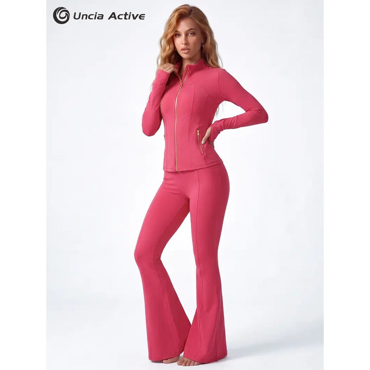 Sculpting Gold Zipper Jacket & High-Waist Yoga Leggings Set | Outfit set