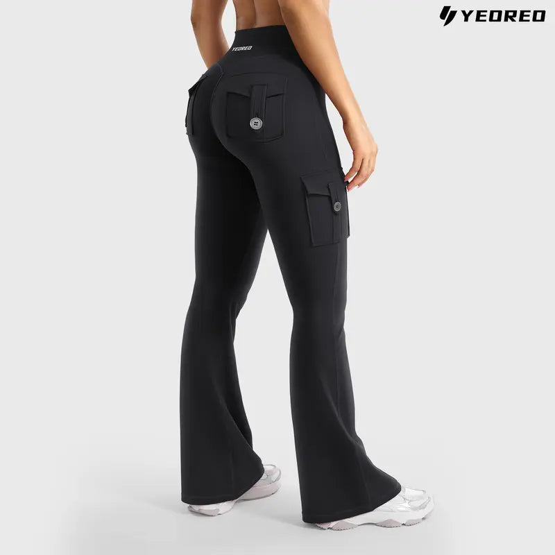 High-Waisted Flare Leggings with Hidden Scrunch & Utility Cargo Pockets