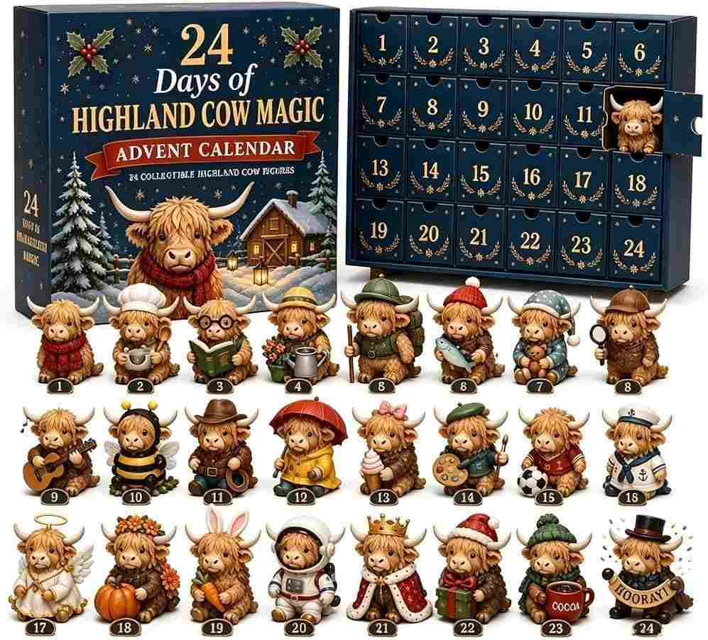24 Days Christmas Advent Calendar with Unique Highland Cow Figures