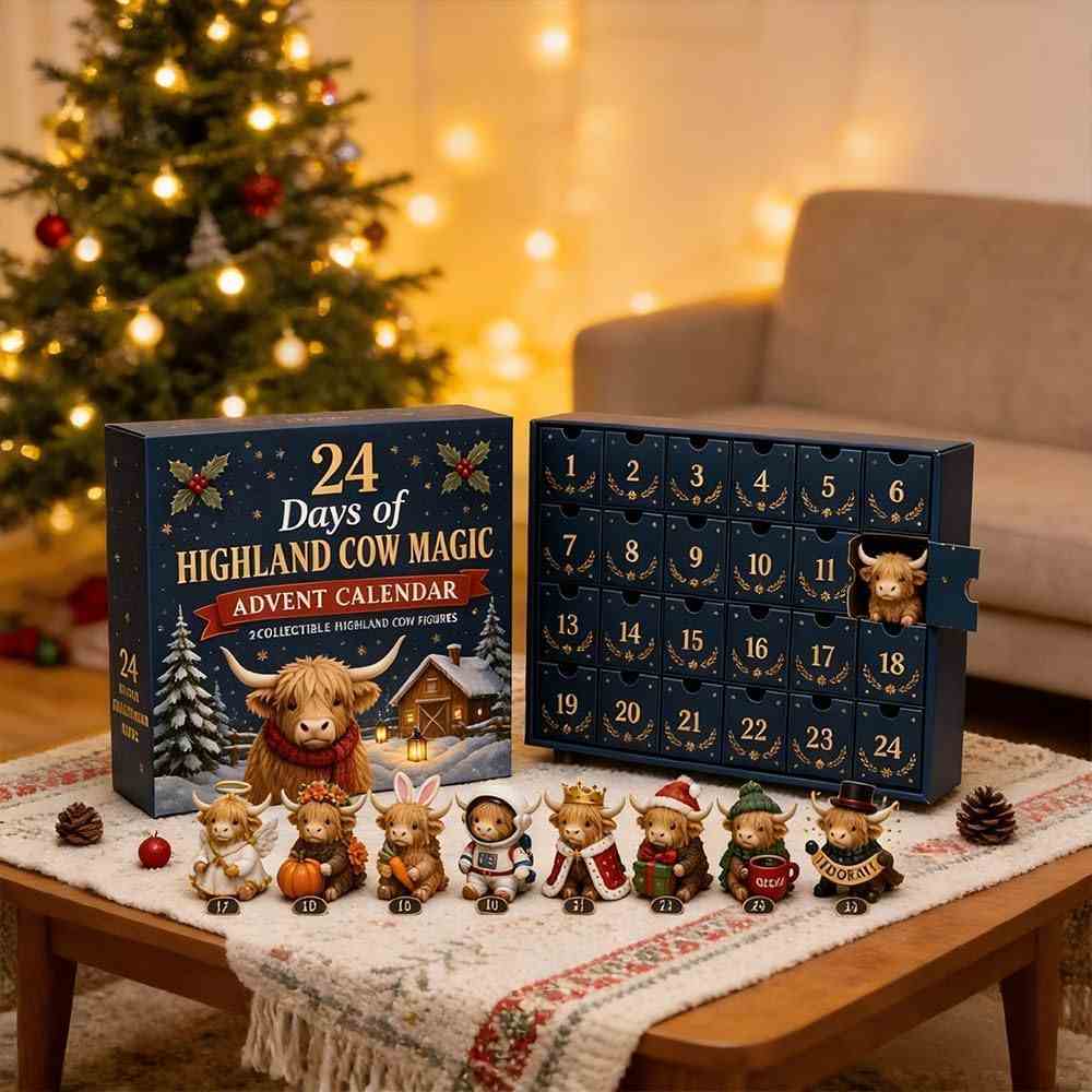 24 Days Christmas Advent Calendar with Unique Highland Cow Figures