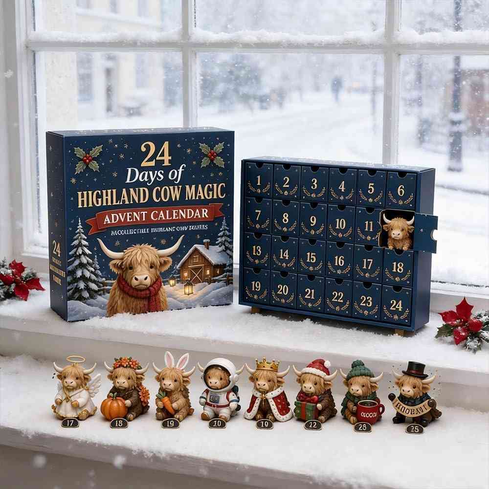 24 Days Christmas Advent Calendar with Unique Highland Cow Figures