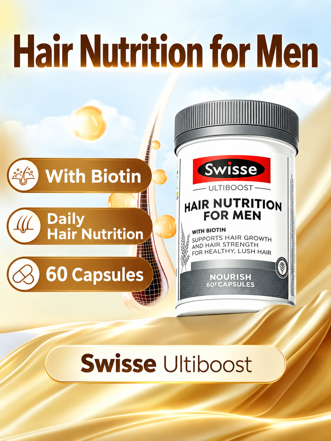 Swisse Hair Nutrition for Men with biotin, 60 capsules — English product image