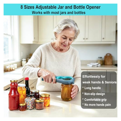 Older woman in a kitchen using a teal adjustable jar opener on a honey jar, surrounded by various jars and bottles. Text reads '8 Sizes Adjustable Jar and Bottle Opener' with feature callouts for weak hands and seniors.