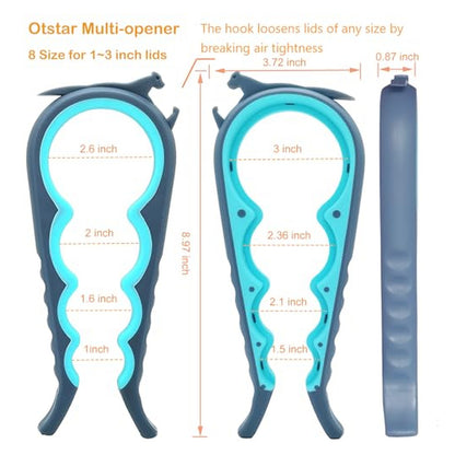 Otstar Multi-opener infographic showing two front views and one side view of a teal and dark blue jar opener. Labeled dimensions show 8 sizes for 1-3 inch lids, overall 8.97 inches tall and 3.72 inches wide. A hook at top loosens lids by breaking air tightness.