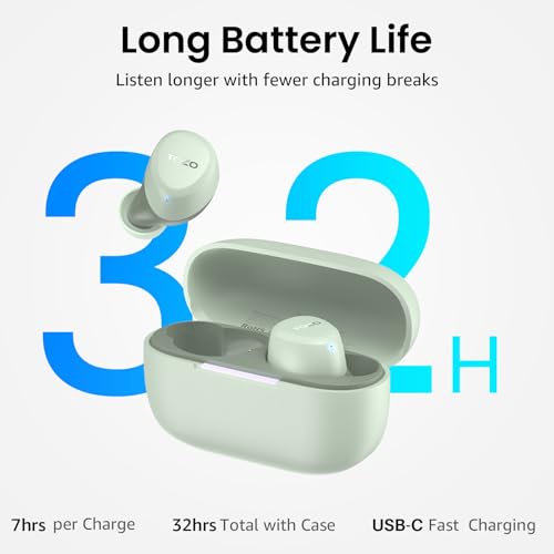TOZO wireless earbuds in mint green with open charging case. Promotional graphic highlights 32H total battery life: 7hrs per charge, 32hrs total with case, and USB-C fast charging.