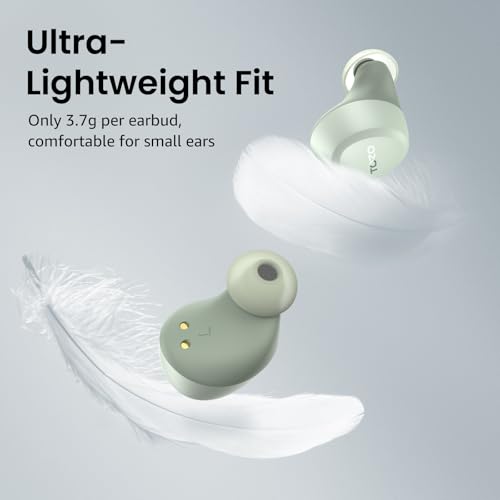 Promotional image of TOZO wireless earbuds in sage green, shown from two angles resting on white feathers. Text reads 'Ultra-Lightweight Fit - Only 3.7g per earbud, comfortable for small ears.'