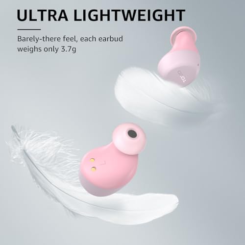 Two pink wireless earbuds shown floating alongside white feathers on a light gray background. Text reads 'ULTRA LIGHTWEIGHT - Barely-there feel, each earbud weighs only 3.7g'.