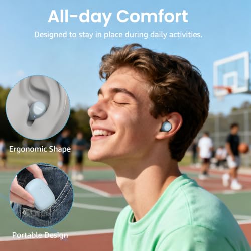 Promotional banner for wireless earbuds showing a smiling young person on a basketball court wearing a blue earbud, with two inset circles: one showing the earbud's ergonomic shape and one showing a hand holding the light blue charging case.