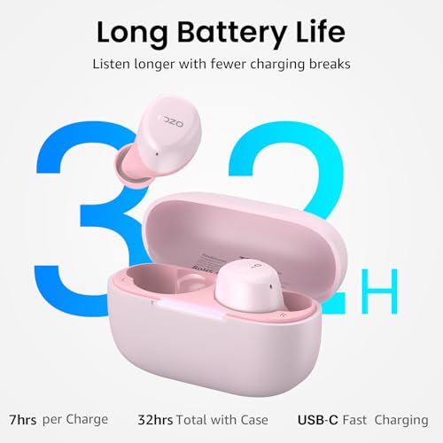TOZO-branded pink true wireless earbuds with open charging case on light background. Promotional graphic highlights 32H total battery life, 7hrs per charge, 32hrs total with case, and USB-C fast charging.