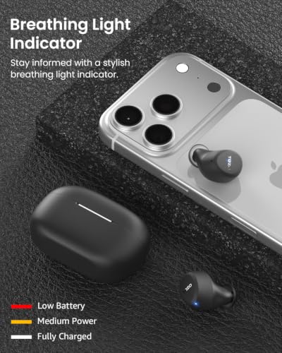 TOZO A1 black wireless earbuds and charging case shown beside a silver smartphone on a dark surface. Promotional graphic highlights a breathing light indicator with a legend: red for low battery, yellow for medium power, white for fully charged.