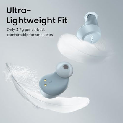 Two TOZO-branded light blue wireless earbuds shown alongside white feathers on a gray background, emphasizing lightweight design. Text reads 'Ultra-Lightweight Fit - Only 3.7g per earbud, comfortable for small ears.'