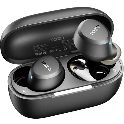 TOZO branded true wireless earbuds in dark gray, shown seated in an open oval charging case. Both earbuds display blue LED indicator lights. Case interior labels L and R channels. TOZO logo and regulatory markings visible on case lid.