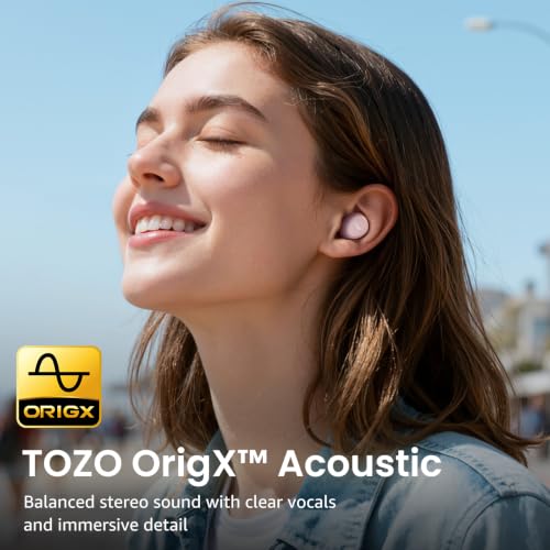 Woman smiling with eyes closed wearing light pink TOZO true wireless earbuds. Text reads 'TOZO OrigX Acoustic' with tagline 'Balanced stereo sound with clear vocals and immersive detail.' Yellow OrigX logo visible.