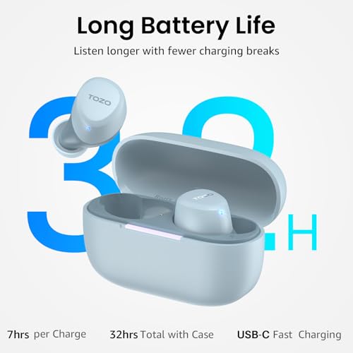 TOZO branded true wireless earbuds in light blue with open charging case. Promotional graphic states 'Long Battery Life' with 39H highlighted, plus callouts: 7hrs per Charge, 32hrs Total with Case, USB-C Fast Charging.