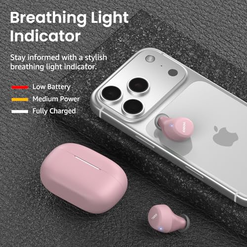 Pink TOZO wireless earbuds and charging case beside a clear-cased iPhone on a dark surface. Promotional text explains a breathing light indicator: red for low battery, yellow for medium power, white for fully charged.