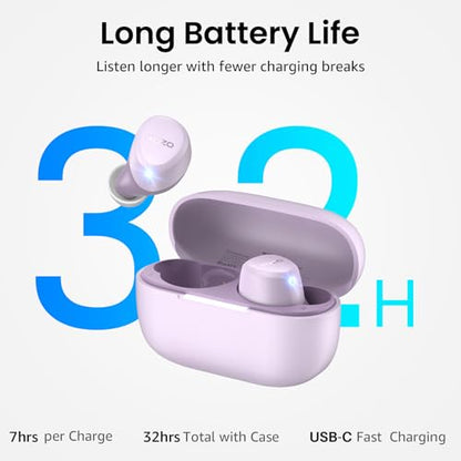 Light purple TOZO wireless earbuds with open charging case on a light background. Promotional text states 'Long Battery Life' with 32H highlighted in blue, plus stats: 7hrs per charge, 32hrs total with case, USB-C fast charging.