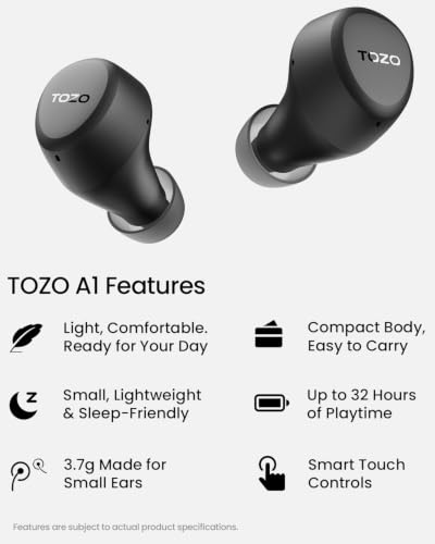 TOZO A1 true wireless earbuds in black, shown from two angles. Infographic lists features: Light and Comfortable, Small and Sleep-Friendly, 3.7g for Small Ears, Compact Body, Up to 32 Hours Playtime, and Smart Touch Controls.
