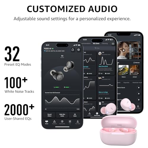 Promotional graphic for TOZO A1 wireless earbuds headlined 'Customized Audio.' Shows app screenshots on two phones displaying EQ settings, and pink earbuds in an open charging case. Text highlights 32 preset EQ modes, 100+ white noise tracks, and 2000+ user-shared EQs., 4+ more images are available