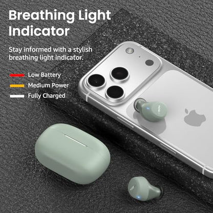 Promotional image for TOZO wireless earbuds in sage green, showing a charging case and two earbuds beside an iPhone. Text explains a breathing light indicator: red for low battery, orange for medium power, white for fully charged.