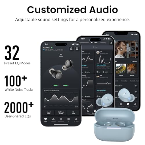 Promotional banner for TOZO A1 earbuds reading 'Customized Audio' with two smartphone app screens showing EQ settings and 32 Preset EQ Modes, 100+ White Noise Tracks, 2000+ User-Shared EQs. Light blue earbuds in open charging case shown at bottom right., 4+ more images are available