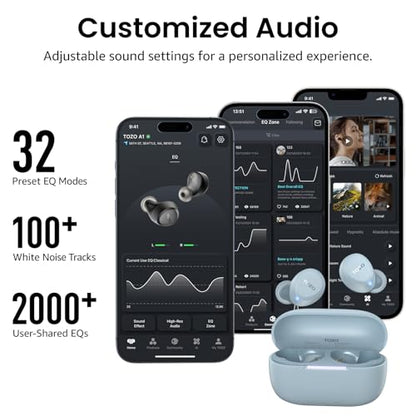 Promotional banner for TOZO A1 earbuds reading 'Customized Audio' with two smartphone app screens showing EQ settings and 32 Preset EQ Modes, 100+ White Noise Tracks, 2000+ User-Shared EQs. Light blue earbuds in open charging case shown at bottom right., 4+ more images are available
