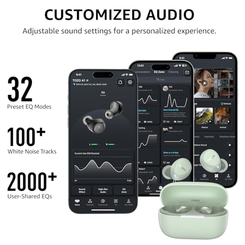 Promotional graphic for TOZO A1 wireless earbuds showing three smartphone app screens with EQ controls alongside a light green charging case. Text highlights 32 Preset EQ Modes, 100+ White Noise Tracks, and 2000+ User-Shared EQs.