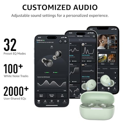 Promotional graphic for TOZO A1 wireless earbuds showing three smartphone app screens with EQ controls alongside a light green charging case. Text highlights 32 Preset EQ Modes, 100+ White Noise Tracks, and 2000+ User-Shared EQs.