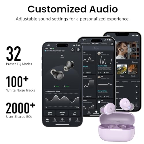 Promotional graphic for TOZO A1 wireless earbuds highlighting 'Customized Audio' with three app screenshots showing EQ settings, and a lavender earbud set with charging case. Features 32 preset EQ modes, 100+ white noise tracks, and 2000+ user-shared EQs.