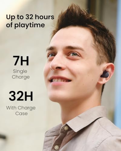 Person wearing a small black wireless earbud in their right ear, smiling. Text overlay reads 'Up to 32 hours of playtime,' '7H Single Charge,' and '32H With Charge Case.'
