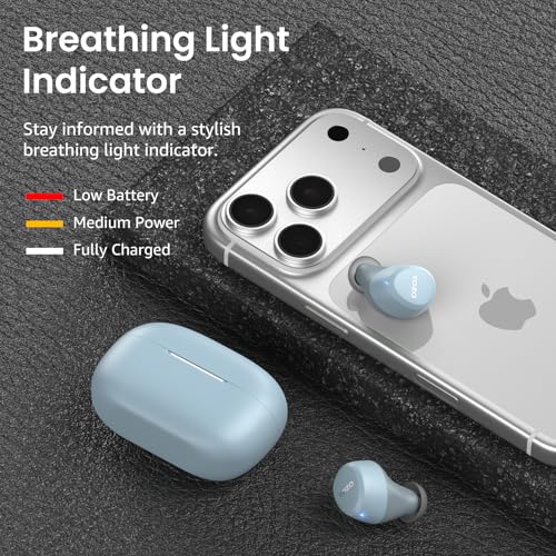 Promotional image of TOZO light blue wireless earbuds and charging case beside a clear-cased iPhone on a dark textured surface. Text highlights a breathing light indicator: red for low battery, yellow for medium power, white for fully charged.