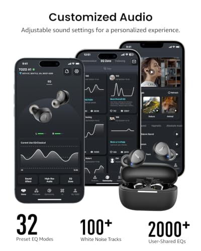 Promotional graphic for TOZO A1 wireless earbuds showing three smartphone app screens with EQ settings alongside the black earbuds in their charging case. Text highlights 32 Preset EQ Modes, 100+ White Noise Tracks, and 2000+ User-Shared EQs., 4+ more images are available