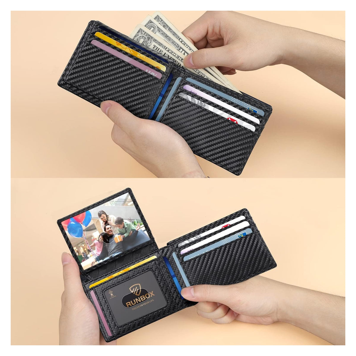 RUNBOX Slim Bifold RFID Wallet with Two ID Windows — shared source structure/use illustration; choose your color above