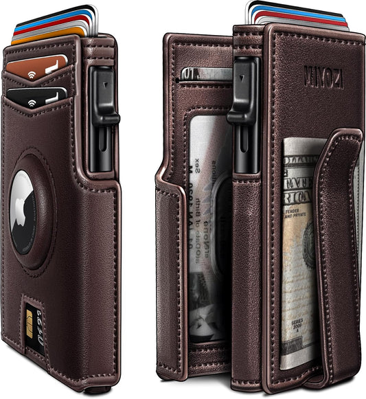 Burgundy004 — Airtag Wallet for Men,with Money Clip 10 Cards Metal Case Smart Slim Pop Up Credit Card Holder Flip with Magnetic Closure RFID Blocking wallet with Gift Box