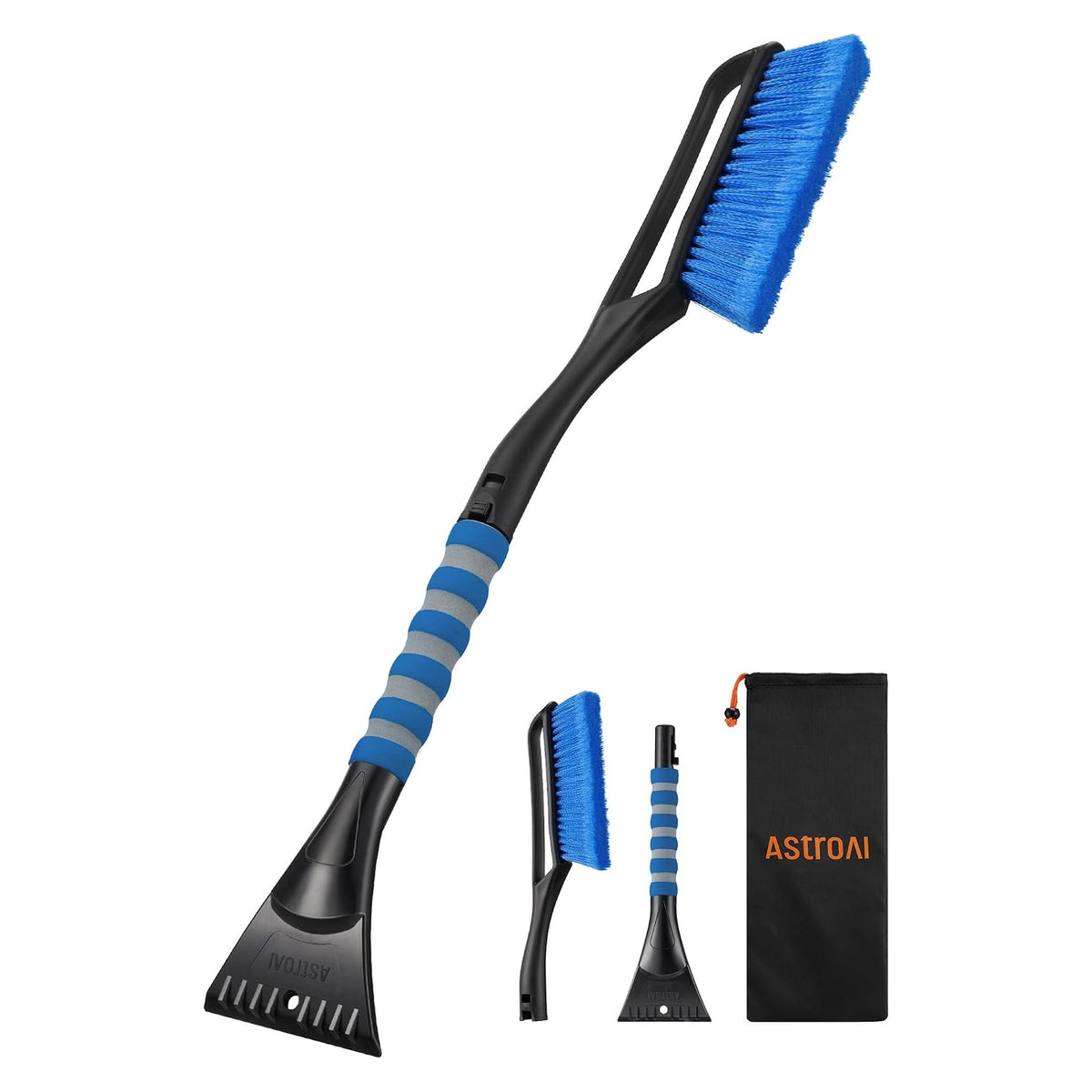 AstroAI snow brush and ice scraper combo tool with blue bristle brush head, black handle, and blue-gray striped foam grip. Shown full-length plus detached brush and scraper components, with black storage bag labeled AstroAI.
