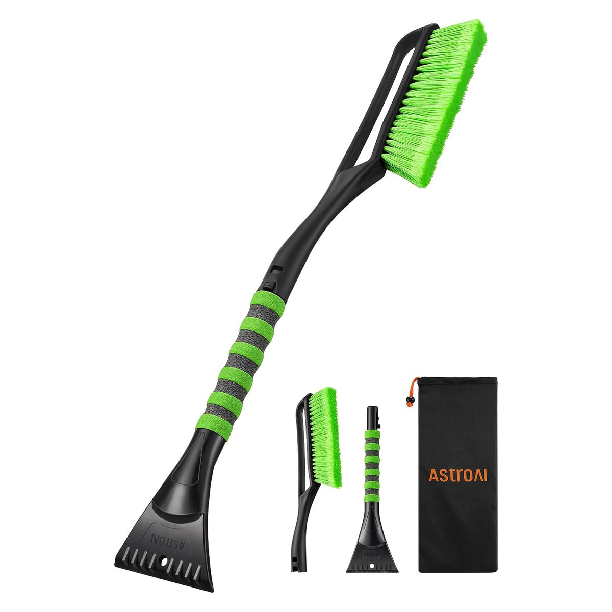 AstroAI snow brush and ice scraper combo in black and bright green. The full-length tool features a wide bristle brush head, foam grip handle with green stripes, and scraper blade. Two smaller detached components and a black storage bag with orange AstroAI logo shown below.