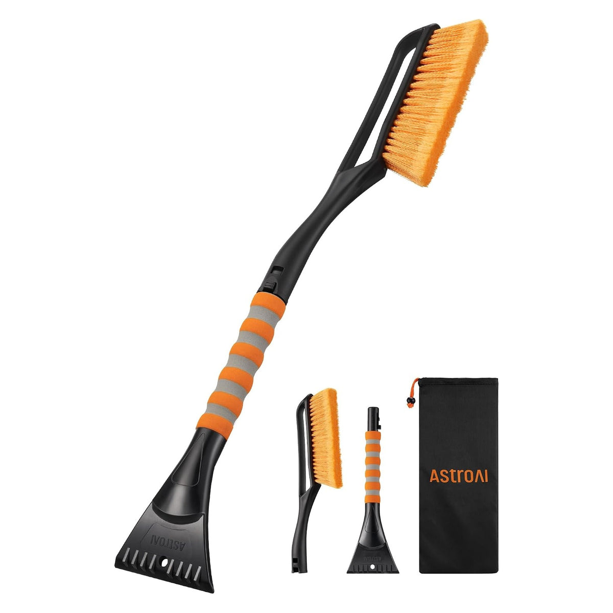 AstroAI snow brush and ice scraper combo tool with orange bristle brush head, black handle, and orange-gray striped foam grip. Shown with detached smaller brush and scraper components, plus a black storage bag with orange AstroAI logo.