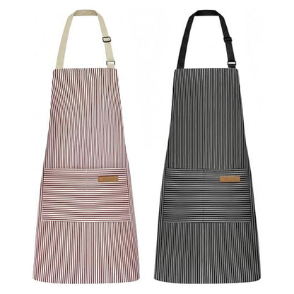Adjustable Kitchen Aprons with Two Pockets - Four-Piece Set - Black Pinstripes/Pink Pinstripes