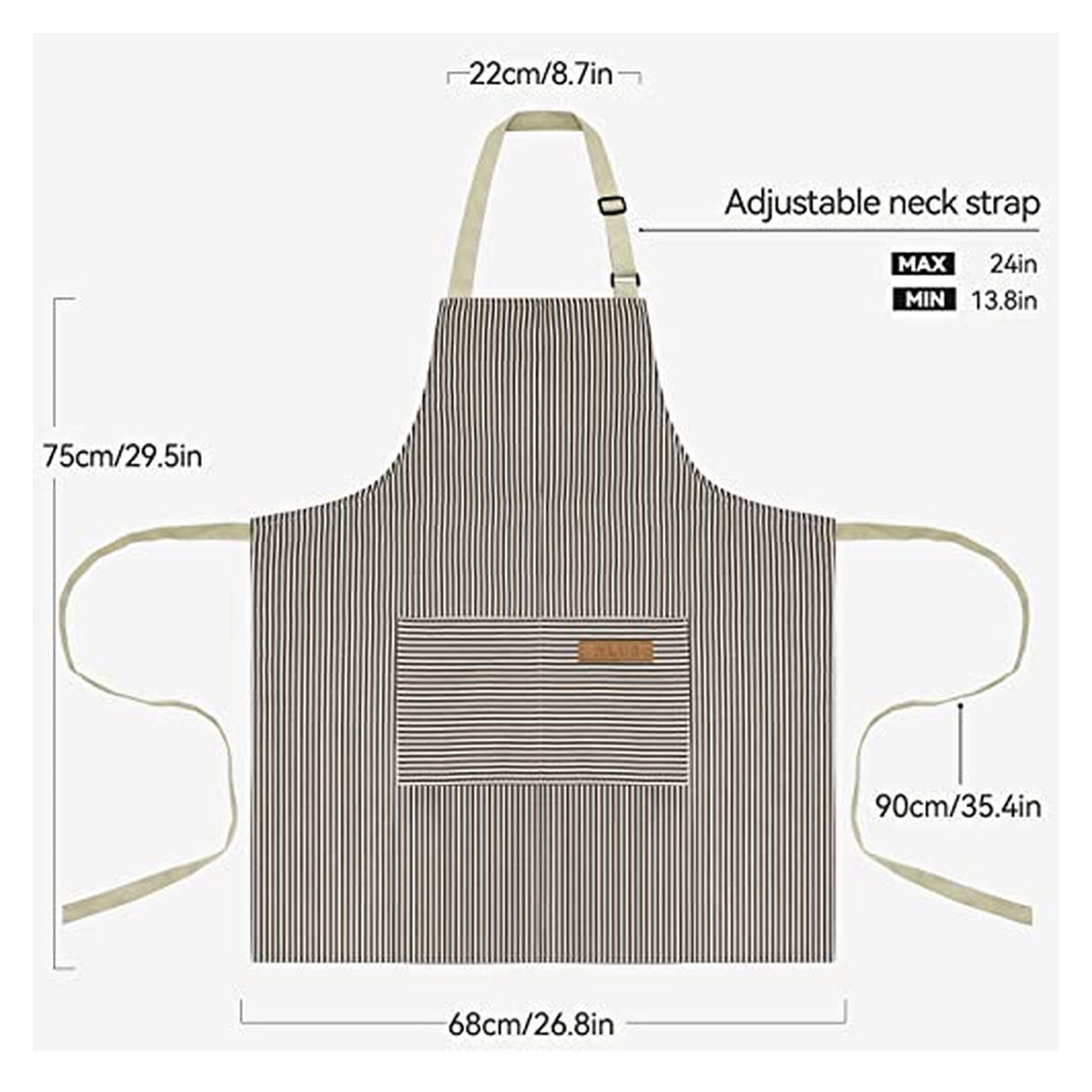 Apron with dark and white vertical stripes and a front pocket, shown flat with dimension annotations: 68cm wide, 75cm tall, 22cm bib width, and waist ties 90cm long. Adjustable neck strap ranges 13.8-24in.