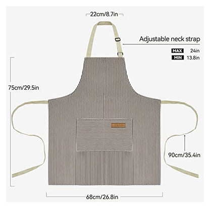 Apron with dark and white vertical stripes and a front pocket, shown flat with dimension annotations: 68cm wide, 75cm tall, 22cm bib width, and waist ties 90cm long. Adjustable neck strap ranges 13.8-24in.