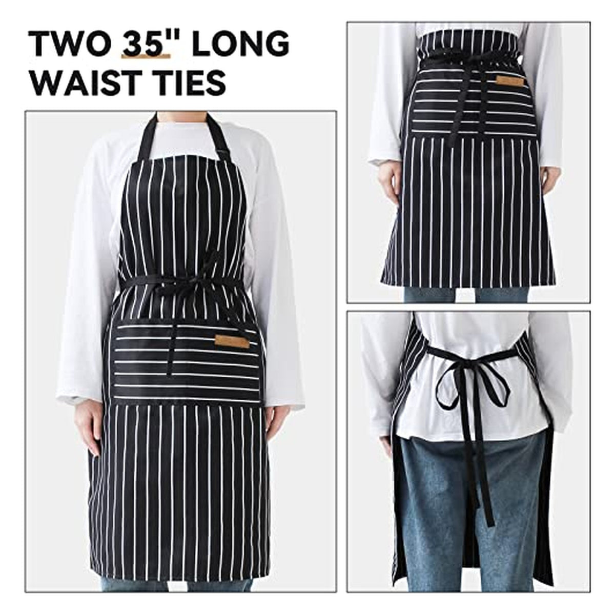 Black and white vertical-striped bib apron shown in three views: full front view with two front pockets and a small leather-look label, close-up of waist tie area, and rear view showing long black waist ties tied in a bow.