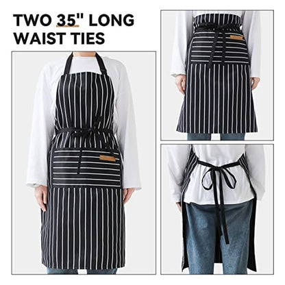 Black and white vertical-striped bib apron shown in three views: full front view with two front pockets and a small leather-look label, close-up of waist tie area, and rear view showing long black waist ties tied in a bow.