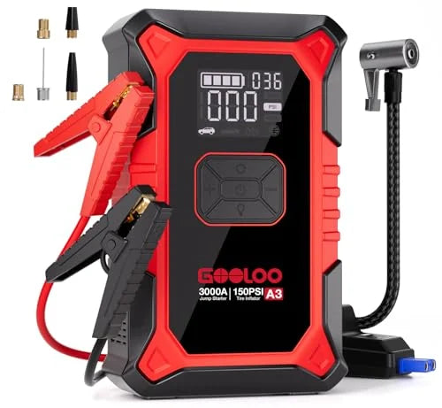 GOOLOO A3 jump starter and tire inflator in black and red, showing a digital LCD display reading 036 PSI, battery indicator, red jumper clamps, a flexible air hose with chuck, and labeled 3000A Jump Starter \/ 150PSI Tire Inflator.