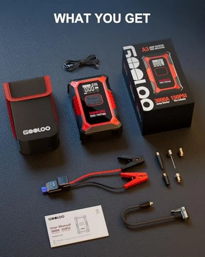 GOOLOO A3 jump starter and tire inflator kit laid out on dark surface under 'What You Get' heading. Includes the red and black device, carrying case, retail box, jumper cables, air hose, valve adapters, charging cable, and user manual.