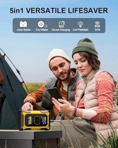 Promotional lifestyle image of a yellow and black GOOLOO portable jump starter being used by two people at a campsite. Header text reads '5in1 VERSATILE LIFESAVER' with icons for Jump Starter, Tire Inflator, Device Charging, LED Flashlight, and SOS., 2+ more images are available