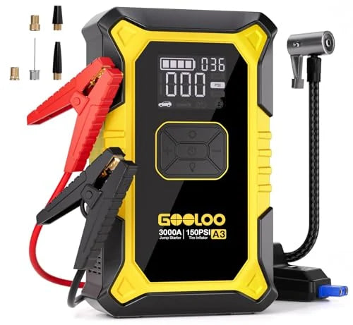 GOOLOO A3 portable jump starter and tire inflator in yellow and black. Features an LCD screen showing PSI readout, red and black jumper clamps, a flexible air hose with nozzle, and labeled 3000A \/ 150PSI. Valve adapters shown alongside.
