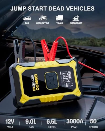 GOOLOO A3 portable jump starter in black and yellow, shown with red and black jumper clamps attached. LCD display panel visible on front. Text reads: 12V, 9.0L Gas, 6.5L Diesel, 3000A Peak, 50 Starts.