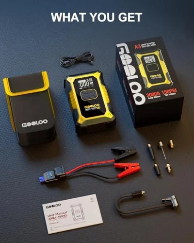 GOOLOO A3 jump starter and tire inflator kit laid out under 'What You Get' heading. Includes the yellow-and-black device, carrying case, jump cables, air hose, valve adapters, USB cable, and user manual, with retail box shown at right.